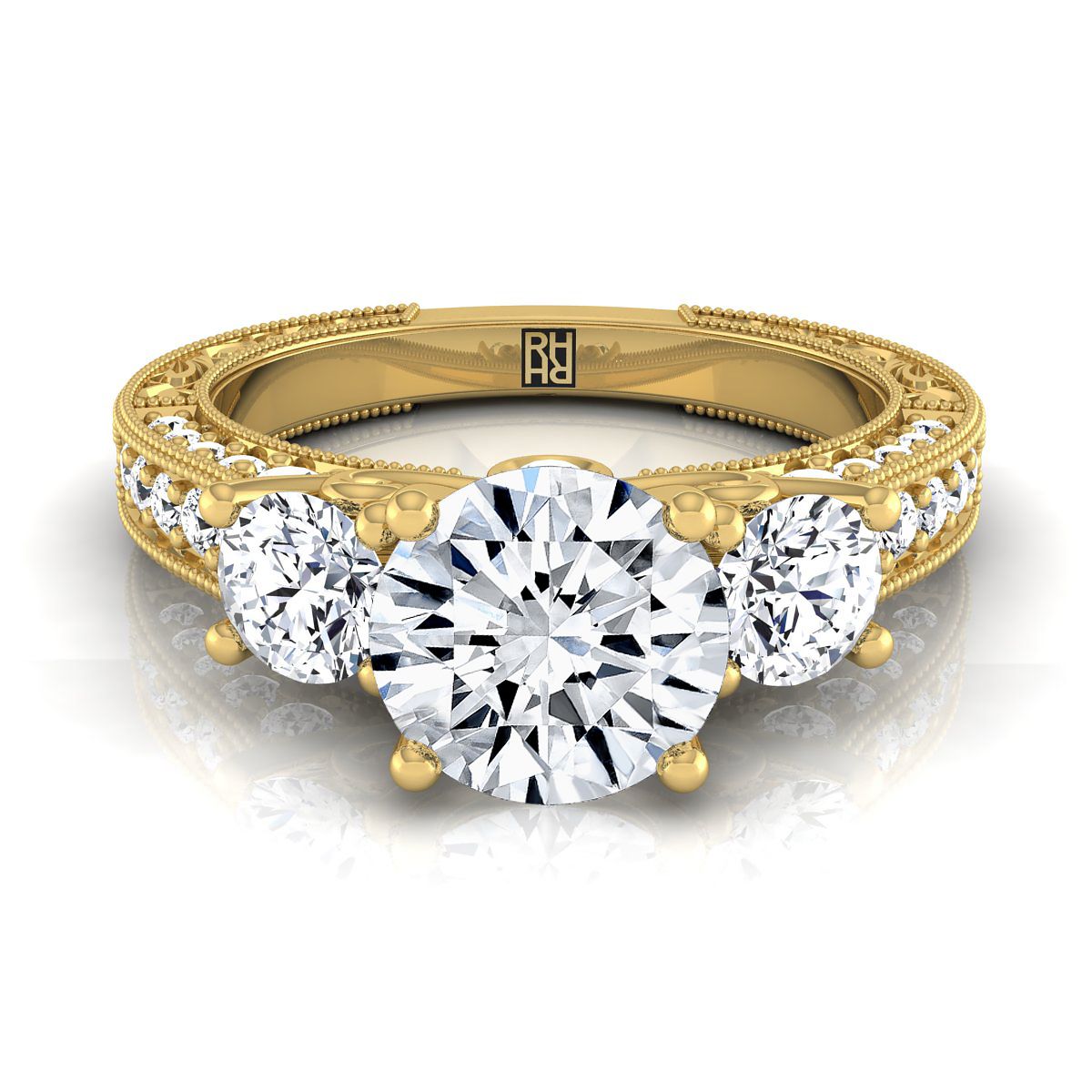 Round Brilliant, Vintage Scroll Three Stone, in 18K Yellow Gold, pave setting – view 8 | RockHer