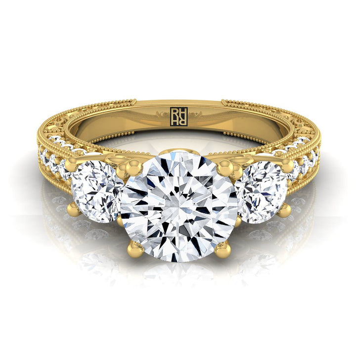 Round Brilliant, Vintage Scroll Three Stone, in 18K Yellow Gold, pave setting – view 8 | RockHer