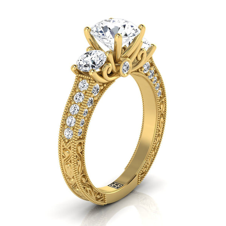 Round Brilliant, Vintage Scroll Three Stone, in 18K Yellow Gold, pave setting – view 9 | RockHer