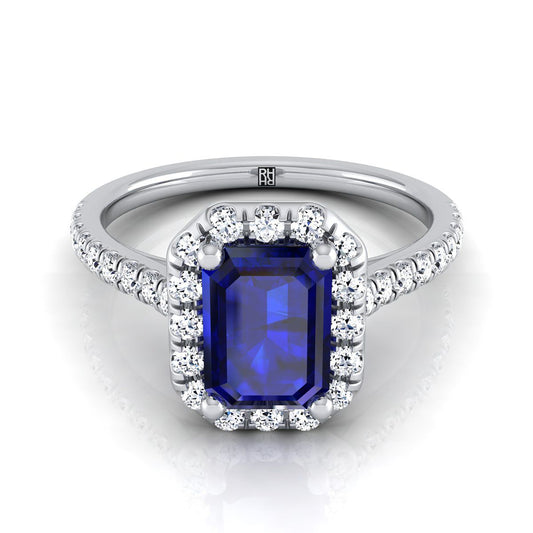 18K White Gold Emerald Cut Classic French Pave Halo and Linear Engagement Ring -3/8ctw