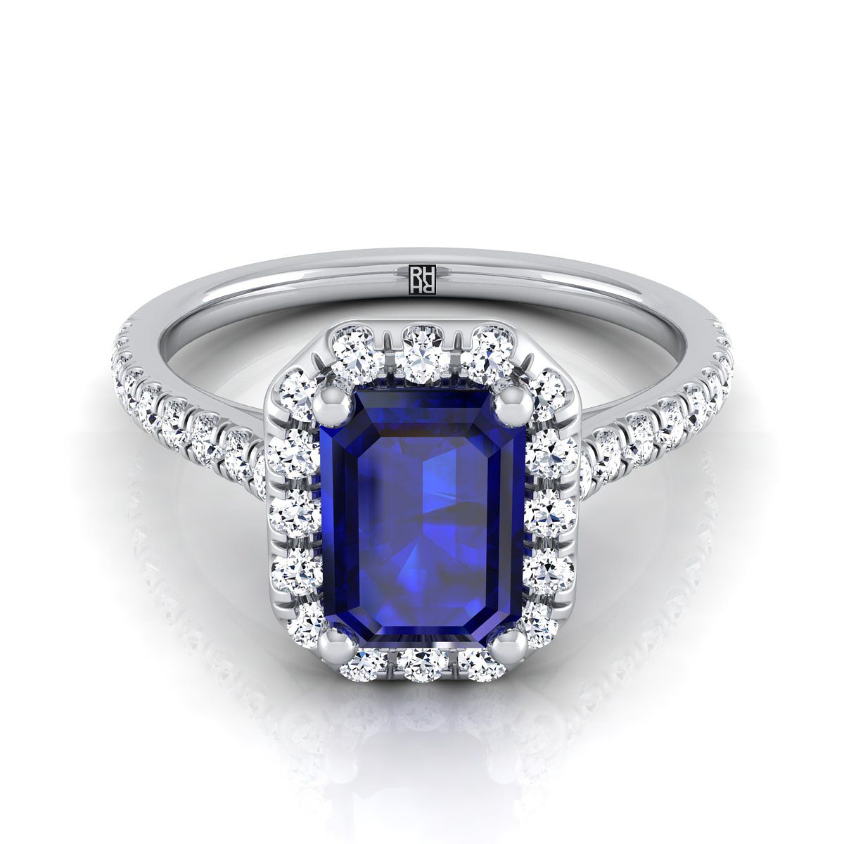 Platinum Emerald Cut Classic French Pave Halo and Linear Engagement Ring -3/8ctw