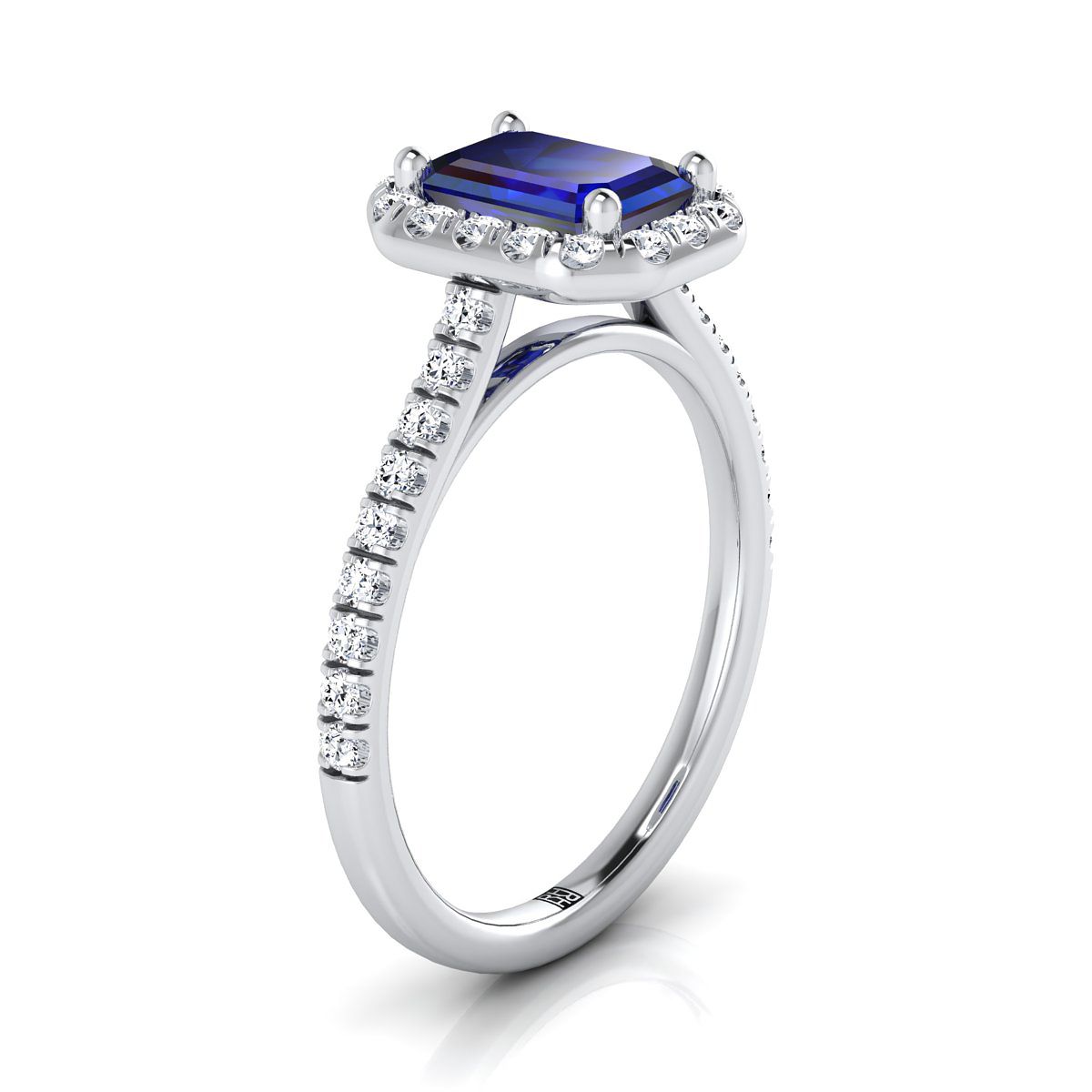 Platinum Emerald Cut Classic French Pave Halo and Linear Engagement Ring -3/8ctw