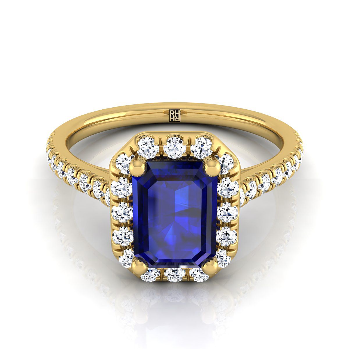 แหวนหมั้นทองคำเหลือง 18K แบบคลาสสิก ตัดทรงมรกต ฝรั่งเศสประดับเพชรแบบฮาโลและเส้นตรง - 3/8ctw