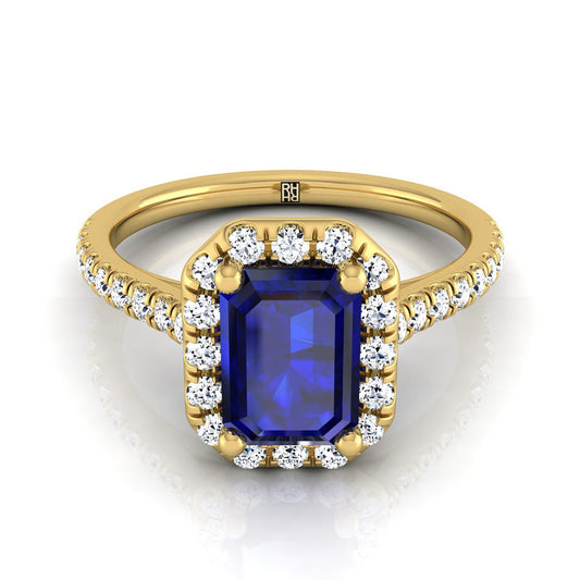 18K Yellow Gold Emerald Cut Classic French Pave Halo and Linear Engagement Ring -3/8ctw