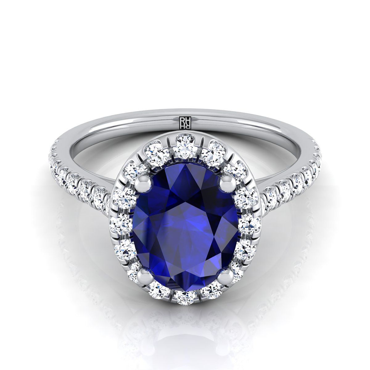 14K White Gold Oval Classic French Pave Halo and Linear Engagement Ring -3/8ctw