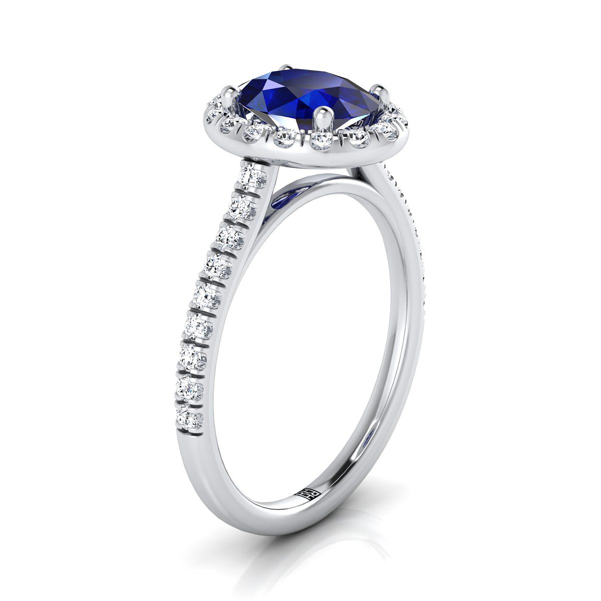 Platinum Oval Classic French Pave Halo and Linear Engagement Ring -3/8ctw