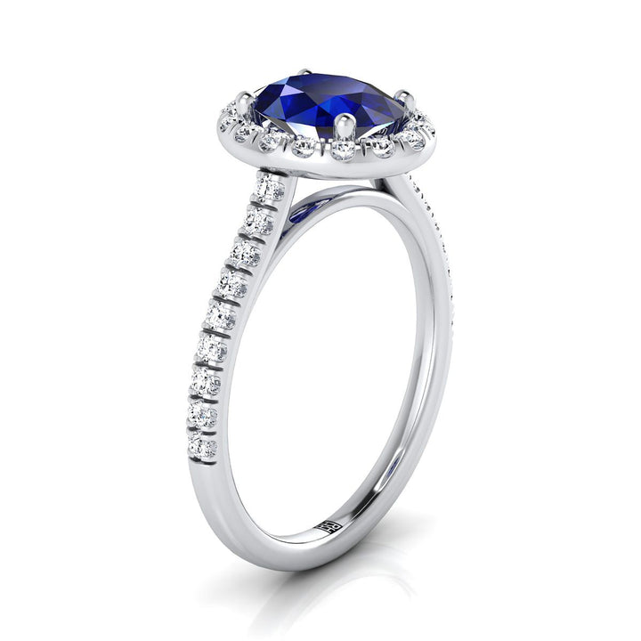 Platinum Oval Classic French Pave Halo and Linear Engagement Ring -3/8ctw