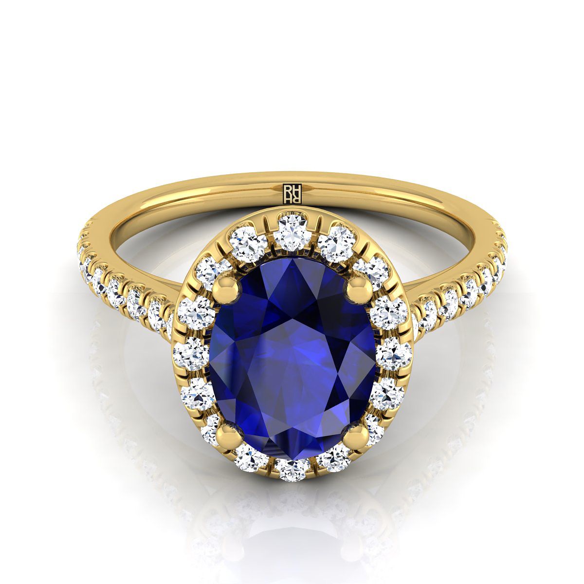 แหวนหมั้นแบบคลาสสิกรูปไข่ทองคำเหลือง 18K ฝรั่งเศสประดับเพชรแบบพาเว่และแบบเส้น - 3/8ctw