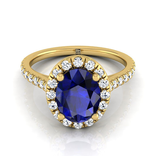 18K Yellow Gold Oval Classic French Pave Halo and Linear Engagement Ring -3/8ctw