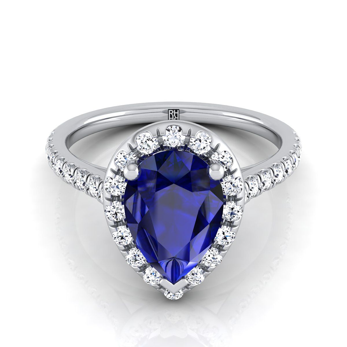 Platinum Pear Shape Center Classic French Pave Halo and Linear Engagement Ring -3/8ctw