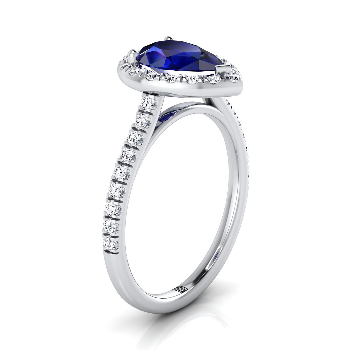 Platinum Pear Shape Center Classic French Pave Halo and Linear Engagement Ring -3/8ctw