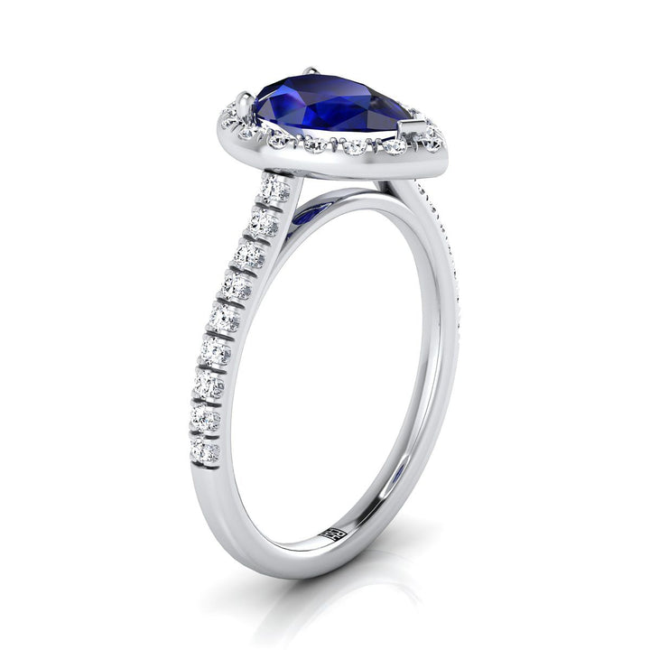 14K White Gold Pear Shape Center Classic French Pave Halo and Linear Engagement Ring -3/8ctw