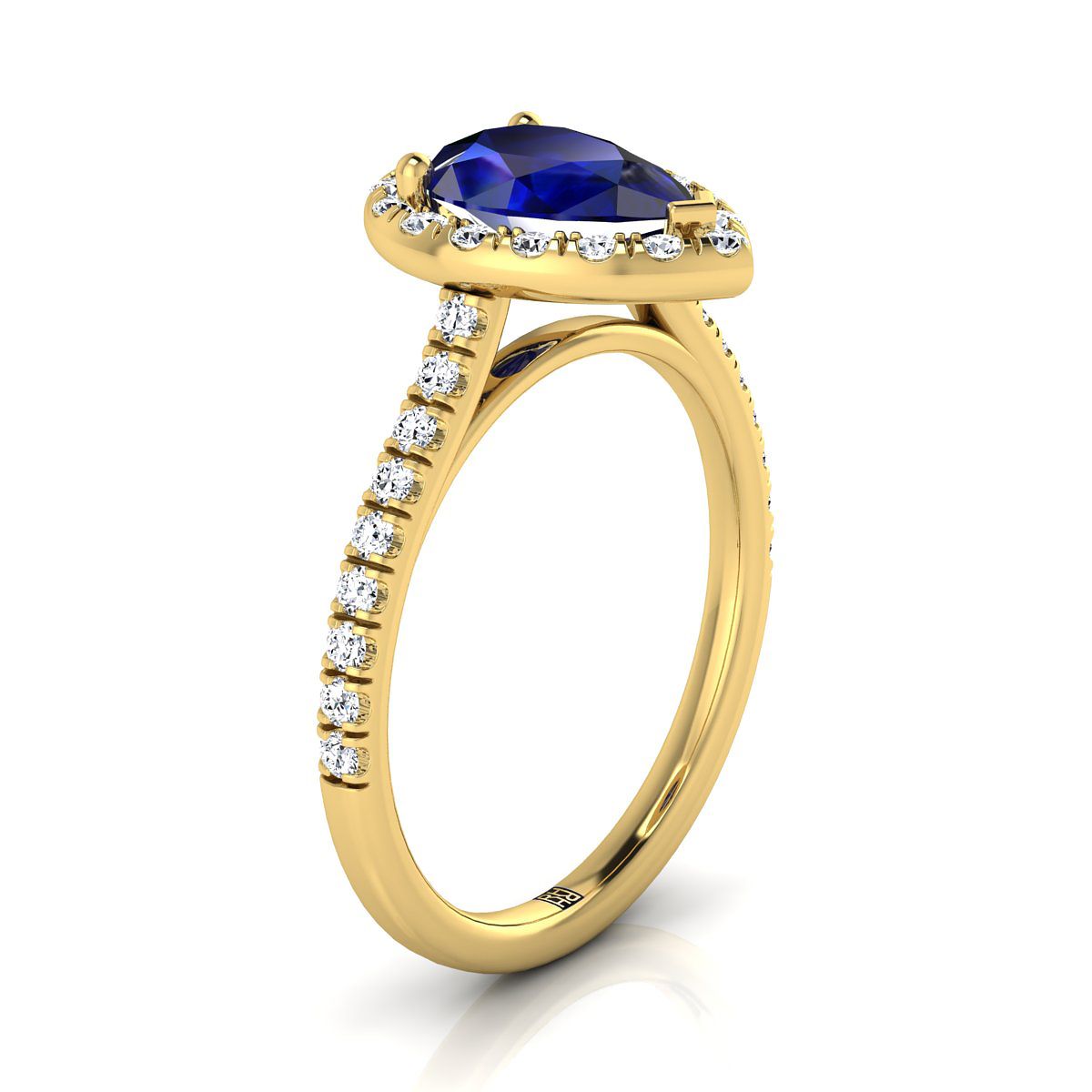 14K Yellow Gold Pear Shape Center Classic French Pave Halo and Linear Engagement Ring -3/8ctw