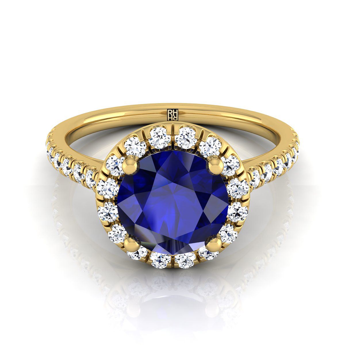 แหวนหมั้นทองคำเหลือง 18K ทรงกลมเจียระไนแบบคลาสสิก ฝรั่งเศสประดับเพชรแบบฮาโลและเส้นตรง -3/8ctw