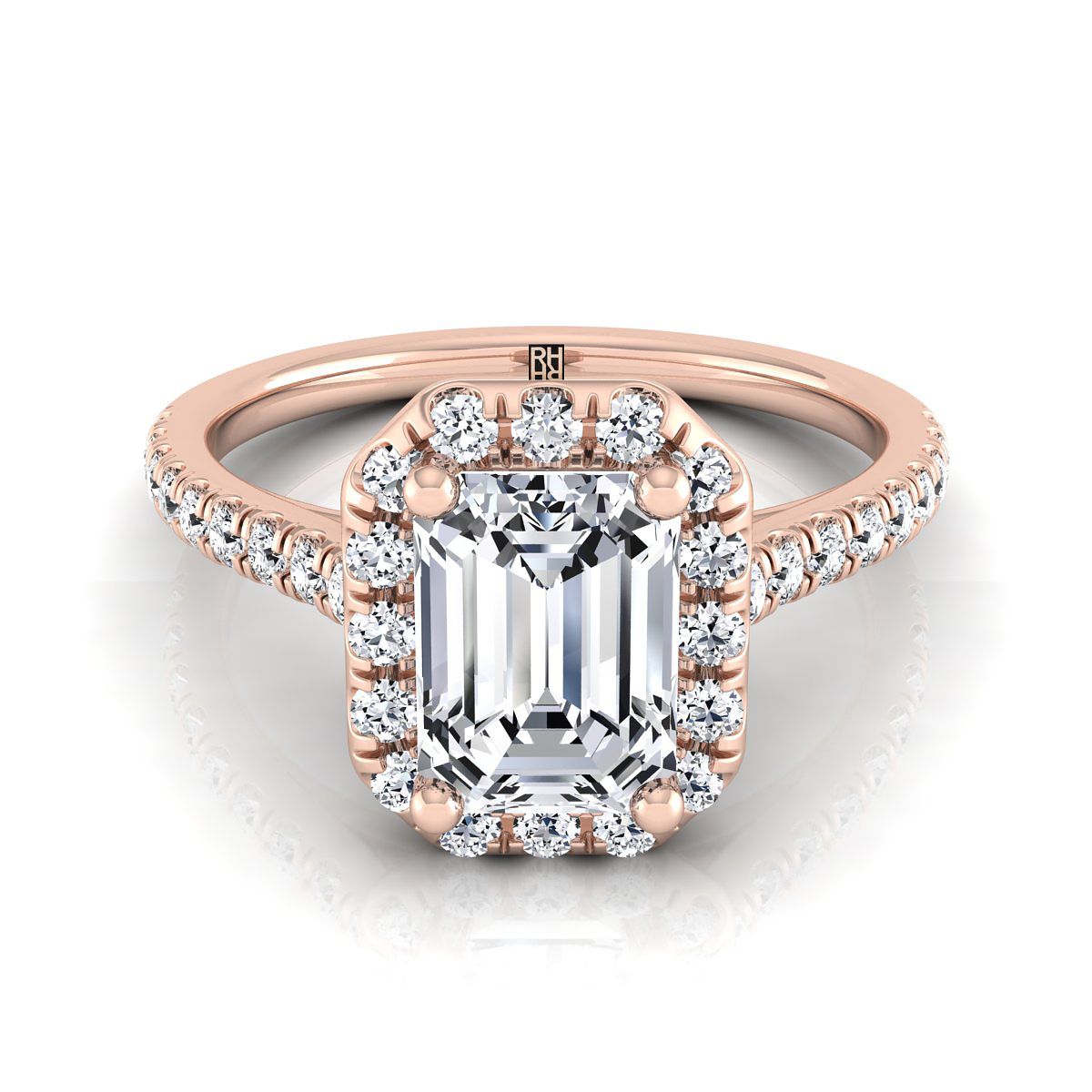 European Cut, Classic French Pavé Halo Linear Emerald, in 14K Rose Gold, pave setting | RockHer