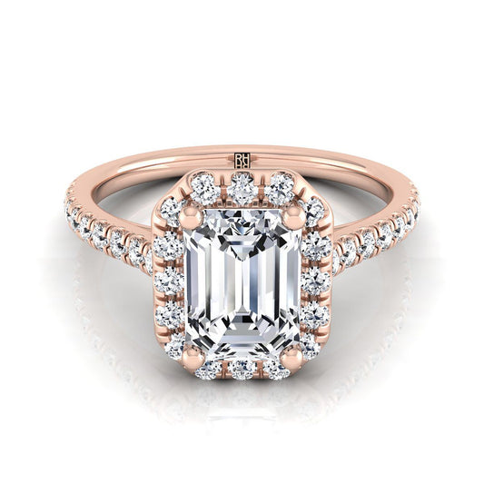 European Cut, Classic French Pavé Halo Linear Emerald, in 14K Rose Gold, pave setting | RockHer