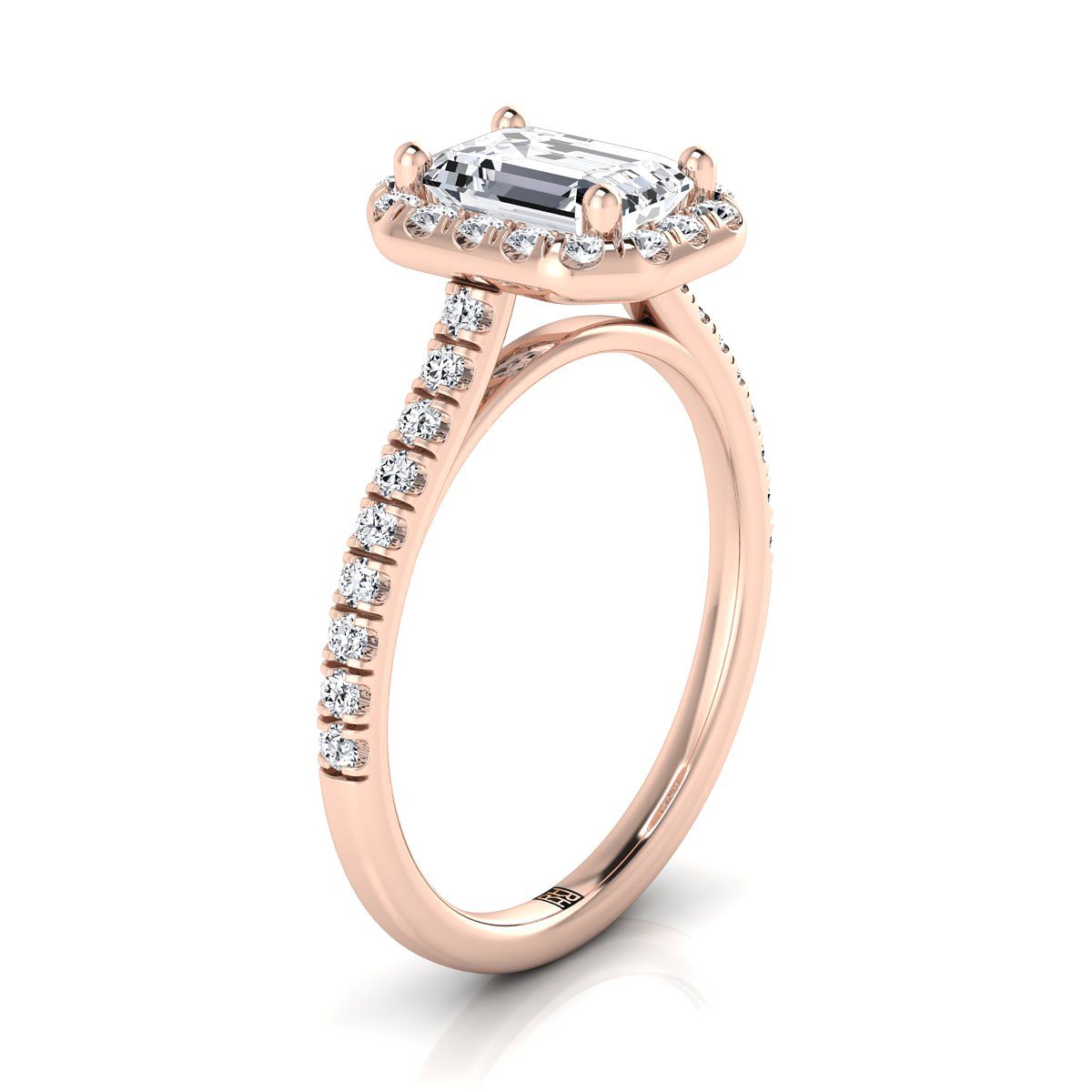 European Cut, Classic French Pavé Halo Linear Emerald, in 14K Rose Gold, pave setting – side profile | RockHer