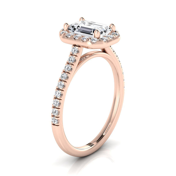 European Cut, Classic French Pavé Halo Linear Emerald, in 14K Rose Gold, pave setting – side profile | RockHer