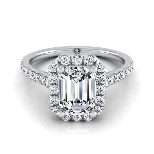 European Cut, Classic French Pavé Halo Linear Emerald, in Platinum, pave setting | RockHer