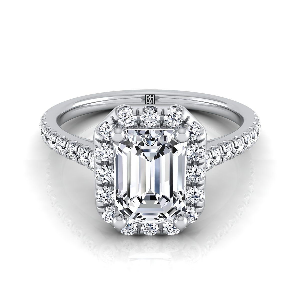 European Cut, Classic French Pavé Halo Linear Emerald, in 18K White Gold, pave setting | RockHer