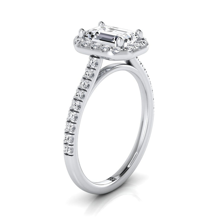 European Cut, Classic French Pavé Halo Linear Emerald, in 18K White Gold, pave setting – side profile | RockHer