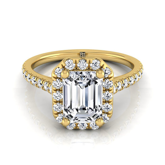 European Cut, Classic French Pavé Halo Linear Emerald, in 18K Yellow Gold, pave setting | RockHer