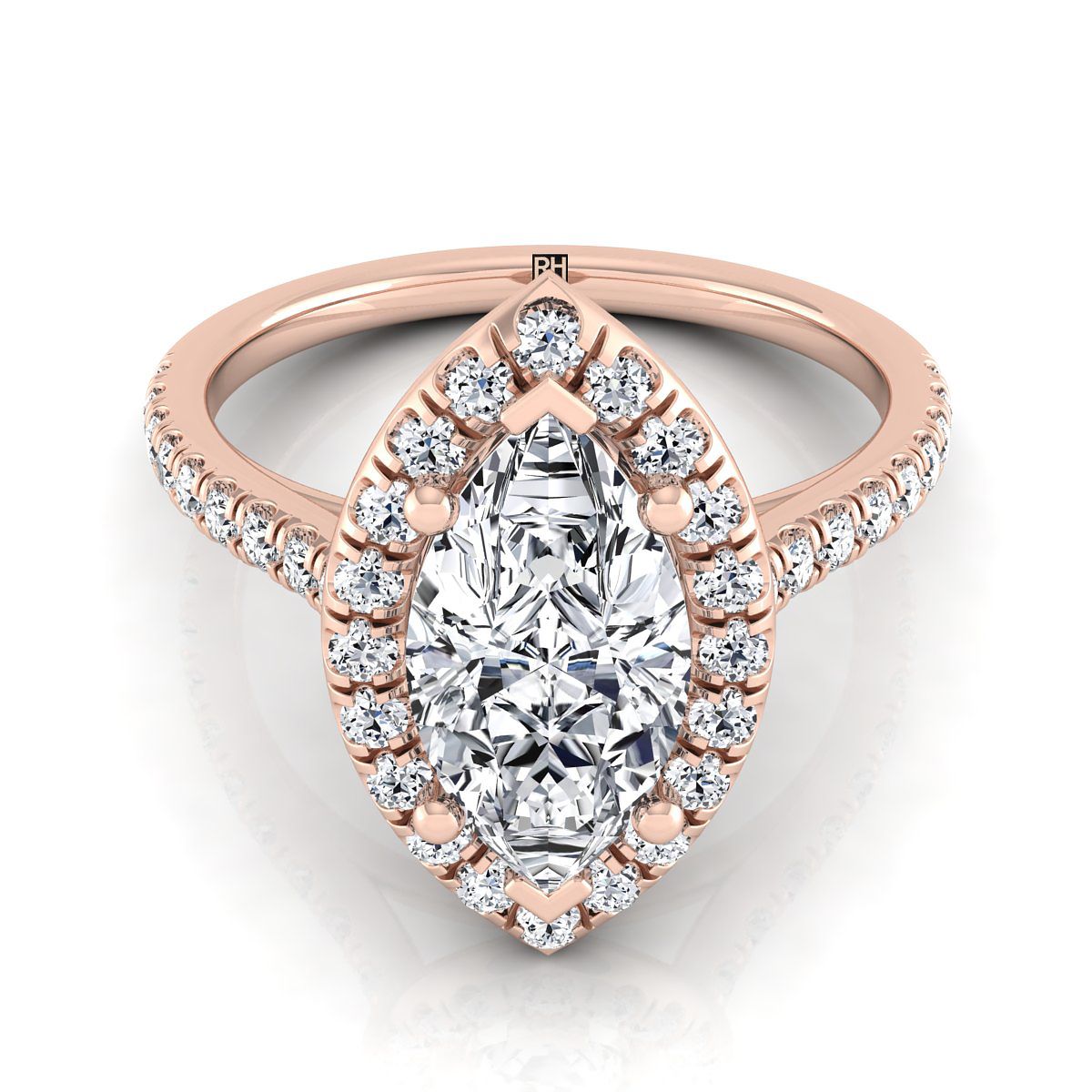Classic French Pavé Halo Linear Marquise, in 14K Rose Gold, pave setting | RockHer
