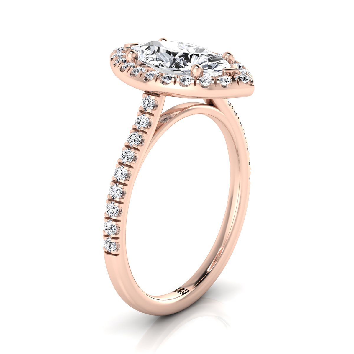 Classic French Pavé Halo Linear Marquise, in 14K Rose Gold, pave setting – side profile | RockHer