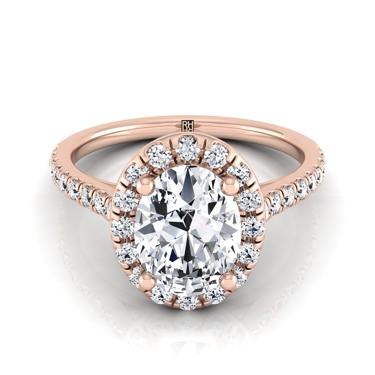 แหวนหมั้นแบบคลาสสิกรูปไข่ทองคำชมพู 14K ฝรั่งเศสประดับเพชรแบบฮาโลและเส้นตรง - 3/8ctw