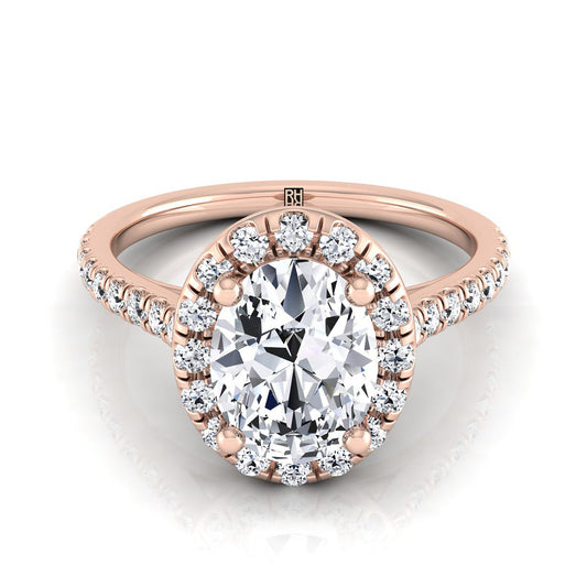 แหวนหมั้นแบบคลาสสิกรูปไข่ทองคำชมพู 14K ฝรั่งเศสประดับเพชรแบบฮาโลและเส้นตรง - 3/8ctw