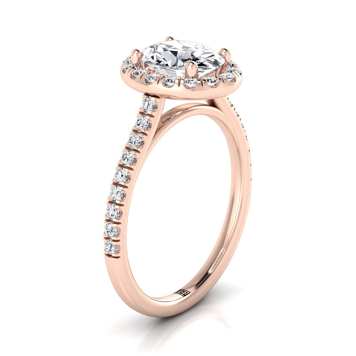 Classic French Pavé Halo Linear Oval, in 14K Rose Gold, pave setting – side profile | RockHer