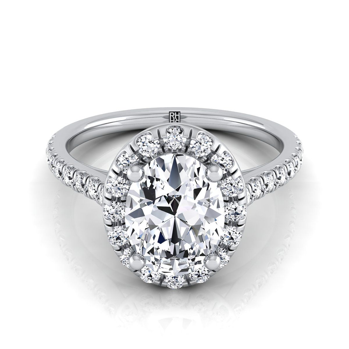Classic French Pavé Halo Linear Oval, in 18K White Gold, pave setting | RockHer