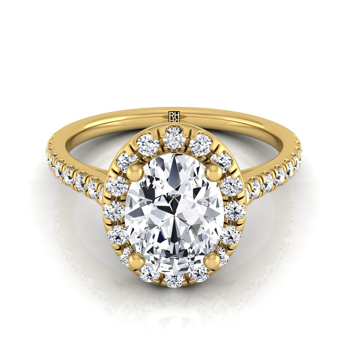 Classic French Pavé Halo Linear Oval, in 18K Yellow Gold, pave setting | RockHer