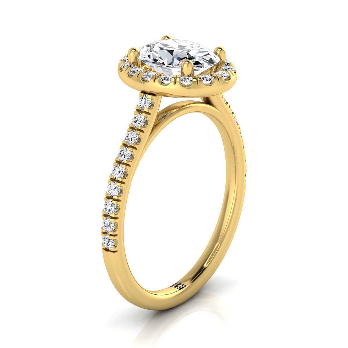 14K Yellow Gold Oval Classic French Pave Halo and Linear Engagement Ring -3/8ctw