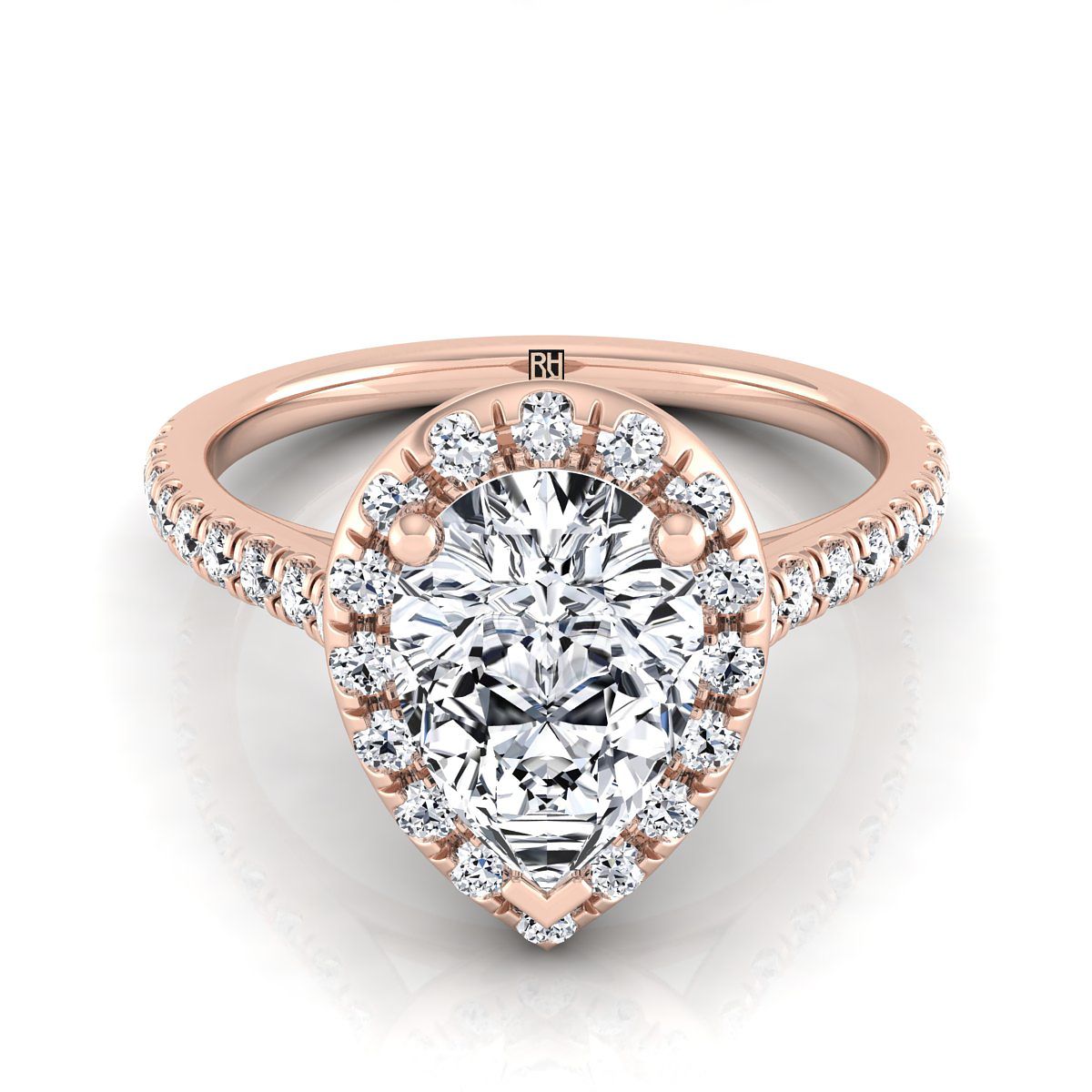 Classic French Pavé Halo Linear Pear Shape, in 14K Rose Gold, pave setting | RockHer