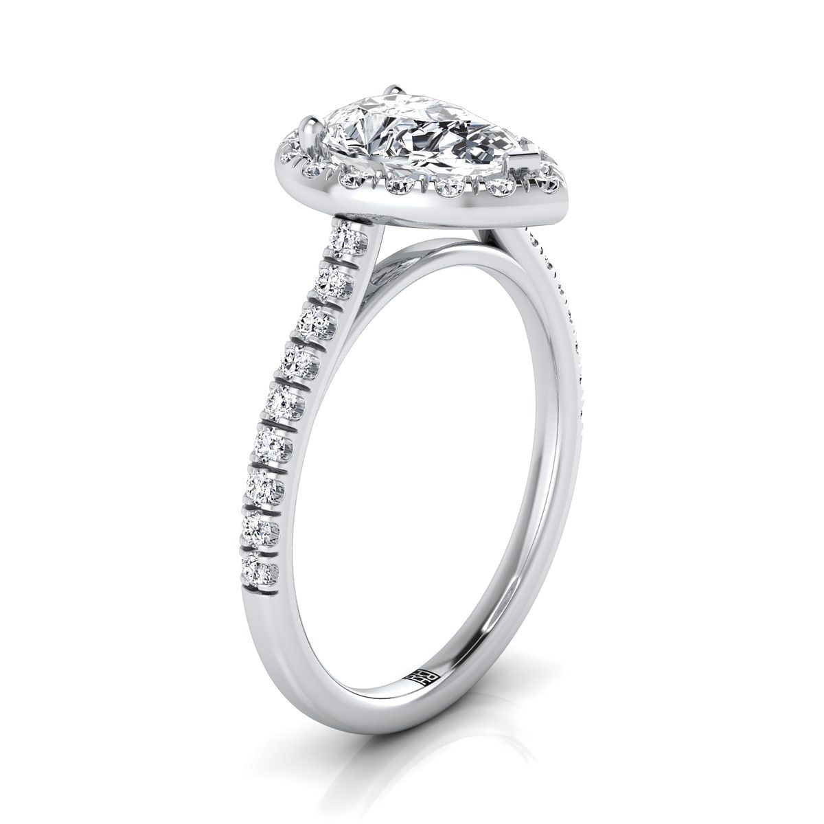 Classic French Pavé Halo Linear Pear Shape, in 18K White Gold, pave setting – side profile | RockHer