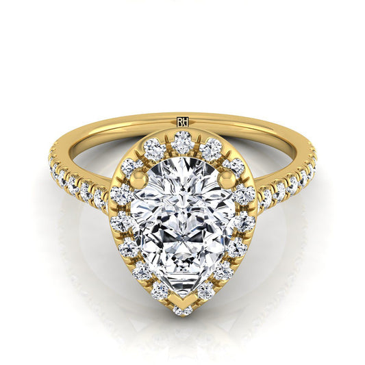 14K Yellow Gold Pear Shape Center Classic French Pave Halo and Linear Engagement Ring -3/8ctw