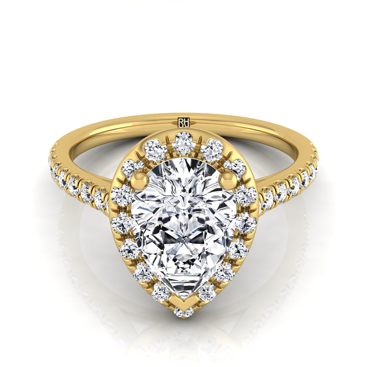Classic French Pavé Halo Linear Pear Shape, in 18K Yellow Gold, pave setting | RockHer