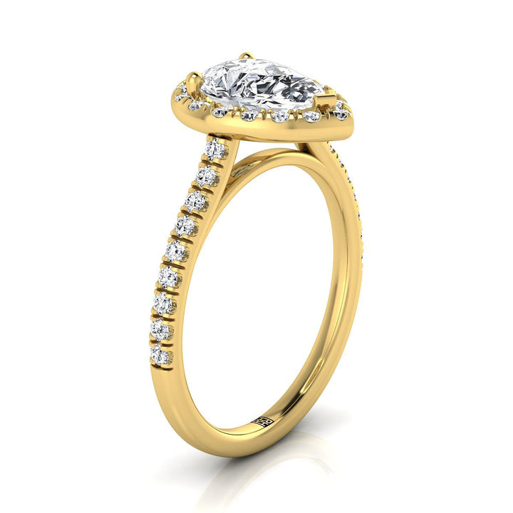 Classic French Pavé Halo Linear Pear Shape, in 18K Yellow Gold, pave setting – side profile | RockHer