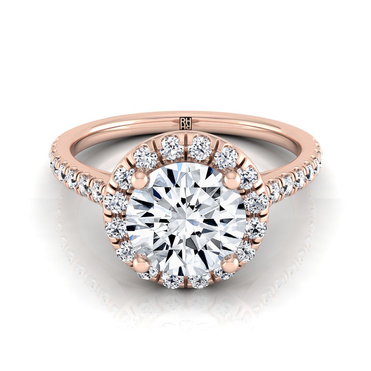 Round Brilliant, Classic French Pavé Halo Linear, in 14K Rose Gold, pave setting | RockHer