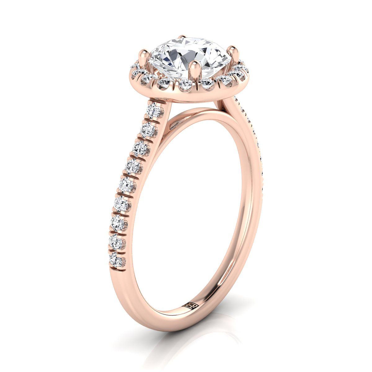 Round Brilliant, Classic French Pavé Halo Linear, in 14K Rose Gold, pave setting – side profile | RockHer