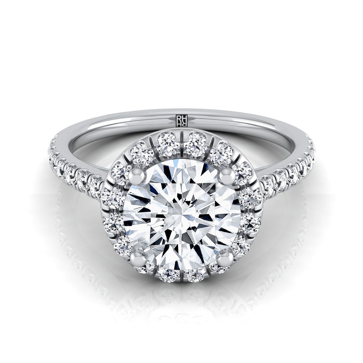 Round Brilliant, Classic French Pavé Halo Linear, in Platinum, pave setting | RockHer