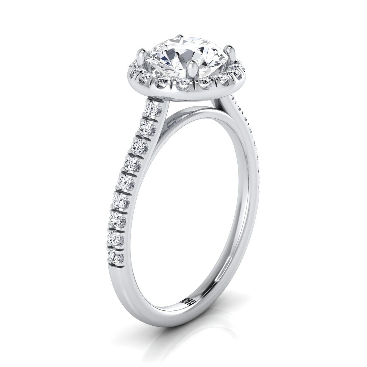 Round Brilliant, Classic French Pavé Halo Linear, in 18K White Gold, pave setting – side profile | RockHer