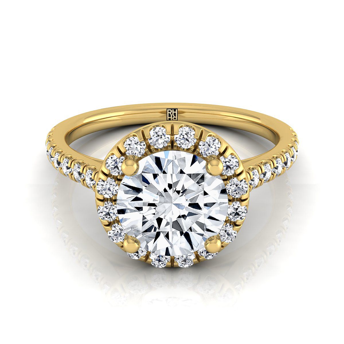 Round Brilliant, Classic French Pavé Halo Linear, in 18K Yellow Gold, pave setting | RockHer