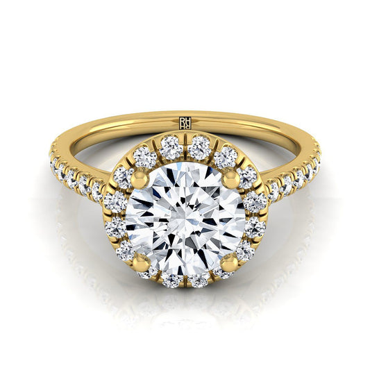 Round Brilliant, Classic French Pavé Halo Linear, in 18K Yellow Gold, pave setting | RockHer