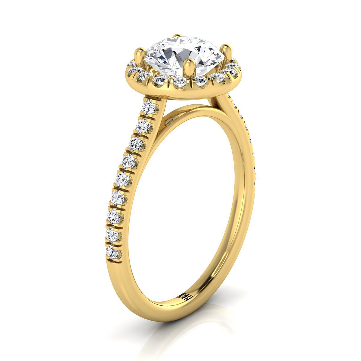Round Brilliant, Classic French Pavé Halo Linear, in 18K Yellow Gold, pave setting – side profile | RockHer