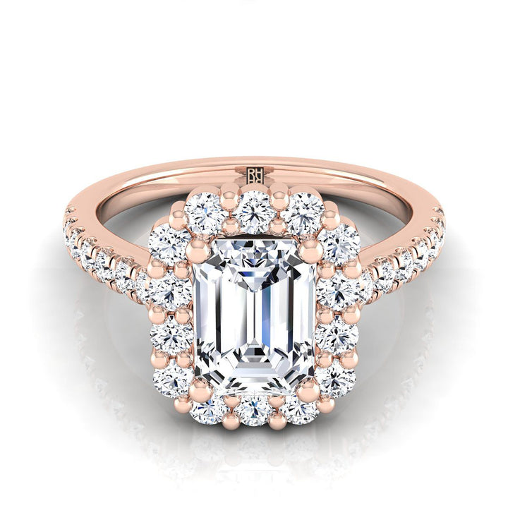 European Cut, Shared Prong Halo Emerald, in 14K Rose Gold – view 8 | RockHer