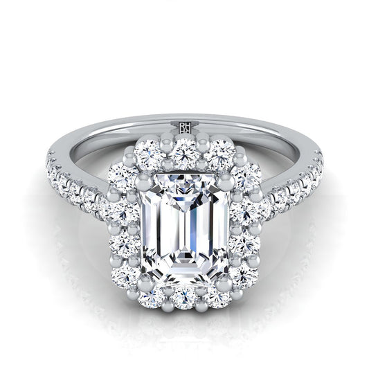 European Cut, Shared Prong Halo Emerald, in Platinum | RockHer