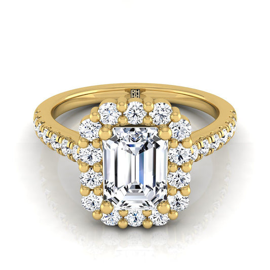European Cut, Shared Prong Halo Emerald, in 18K Yellow Gold | RockHer