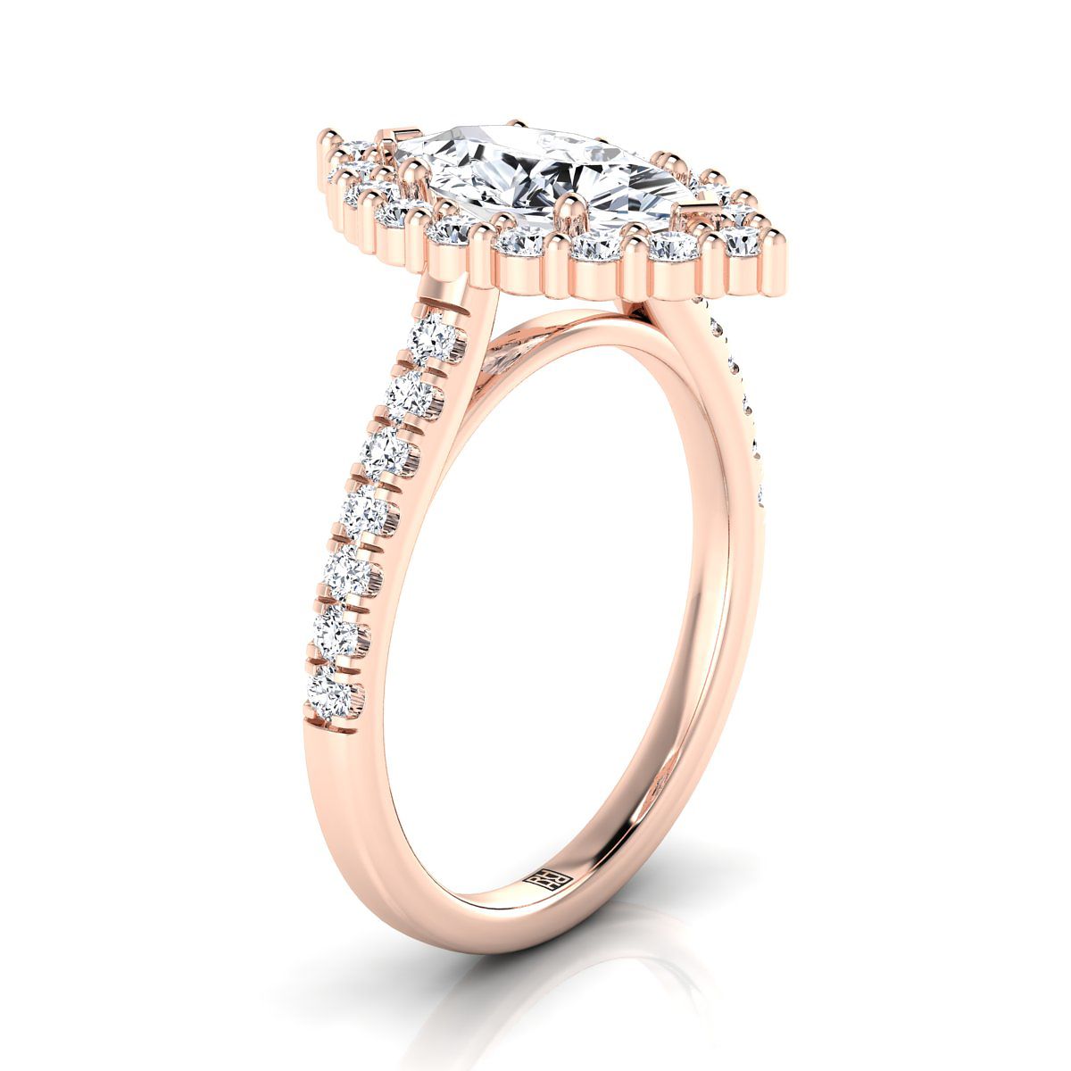 Shared Prong Halo Marquise, in 14K Rose Gold – side profile | RockHer